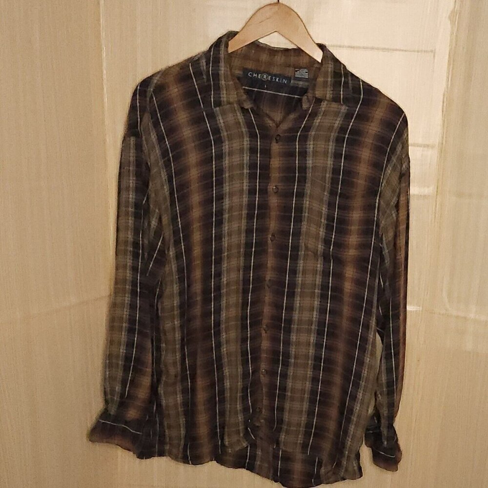 Chereskin Mens Brown Black Plaid Rayon Button Down Large
